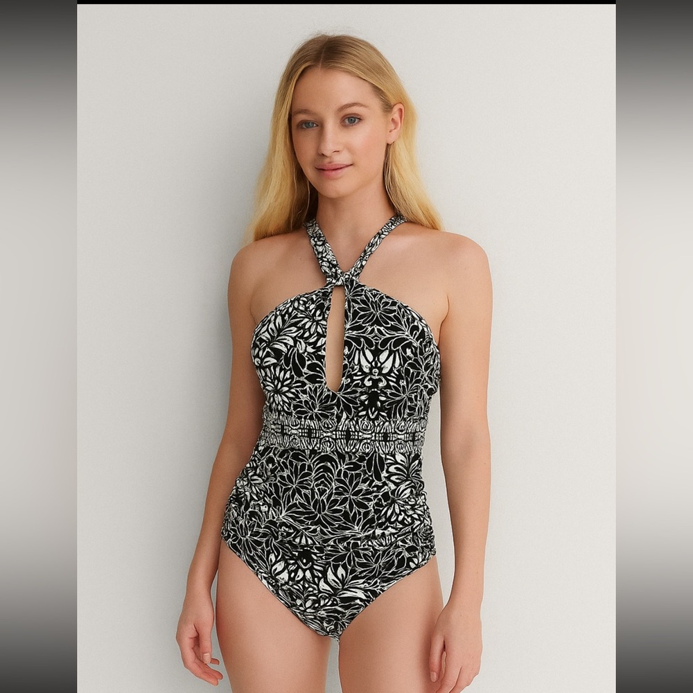 NWT Ellen Tracy Floral Green Halter Neck One Piece Swimsuit